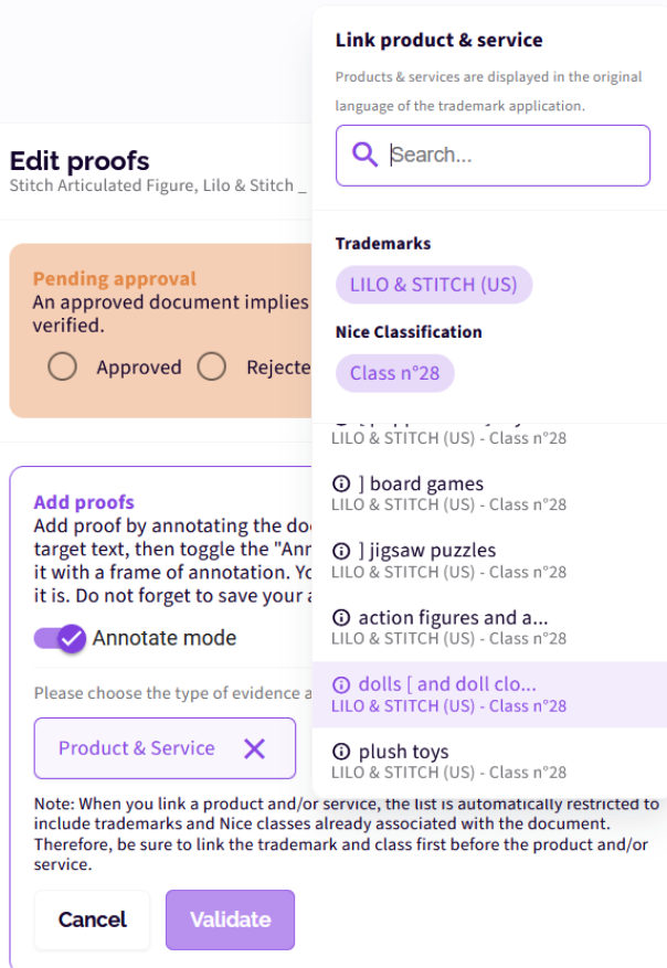 Capture d'écran, exigences en matière de preuve d'utilisation de marque, exemples de biens et services, plateforme UZ.IP