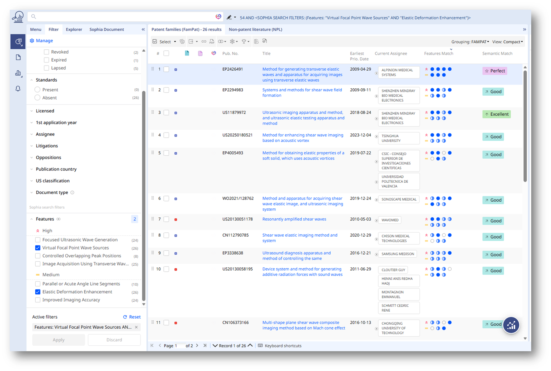 Sophia Search results refined using the Features filter
