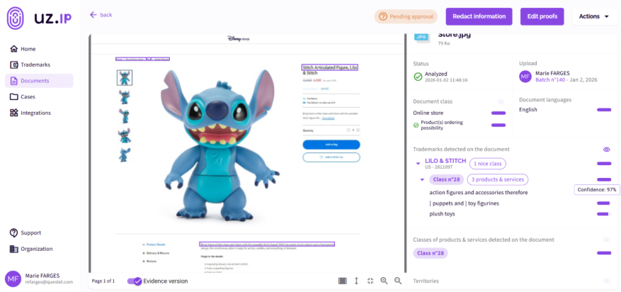 Capture d'écran, exigences de preuve d'utilisation des marques, biens et services, plateforme UZ.IP