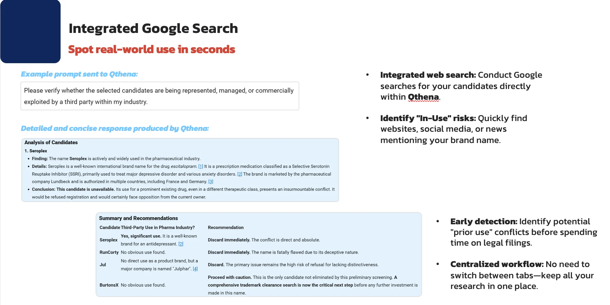 Capture d'écran de marques déposées avec recherche Google intégrée à Qthena