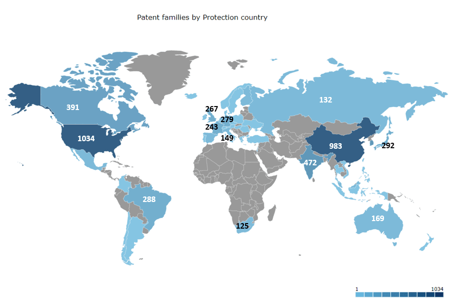 Patent families for biofuel production by geographical location, according to patent landscape analysis